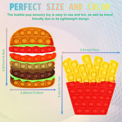2PCS Push Bubble Pop Fidget Sensory Toy, Autism Special Needs Silicone Stress Reliever Toy, Anti-Anxiety Squeeze Sensory Toy for Kids Teens Adults Girls Boys (Fries&Burger)