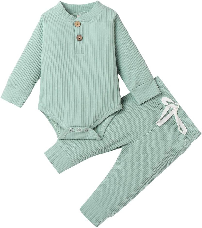 Cozy & Stylish Winter Newborn Unisex Outfit Set - Ribbed Long Sleeve Top & Pants 2PCS
