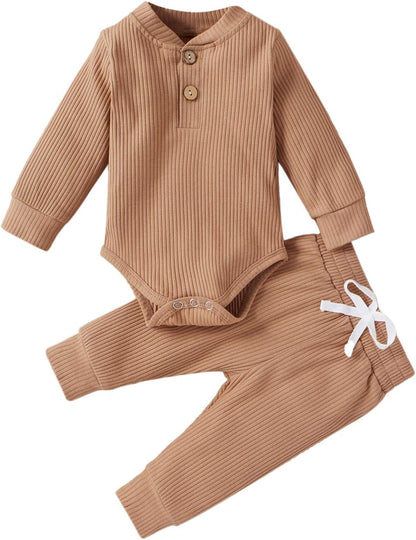 Cozy & Stylish Winter Newborn Unisex Outfit Set - Ribbed Long Sleeve Top & Pants 2PCS