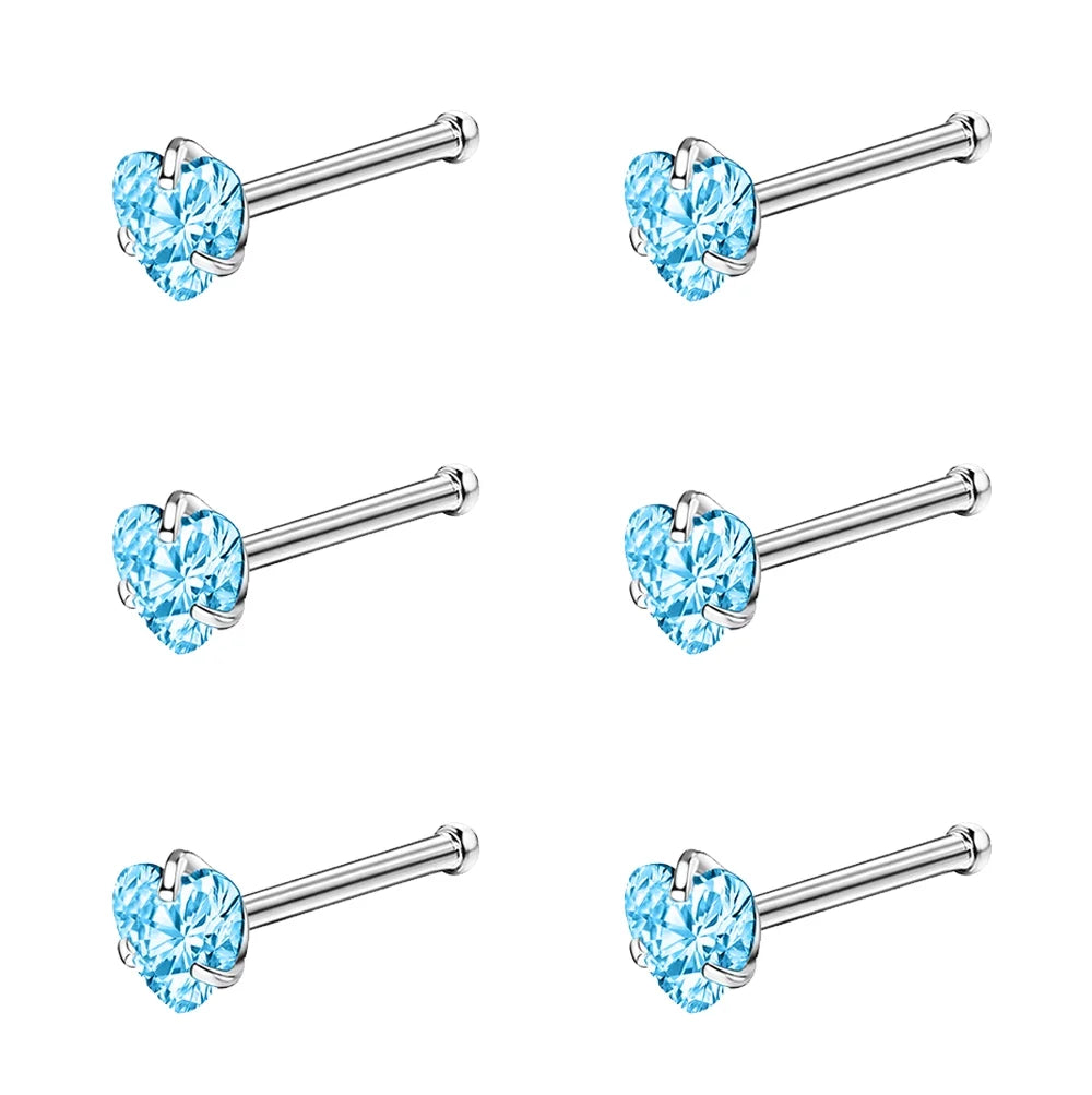 6Pcs/Set 20G Heart Nose Piercing Nose Bone Stud CZ Nostril Piercing